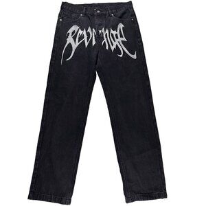 Revenge Embroidered Logo Straight Leg Denim Jeans Size Large 34x30 Black